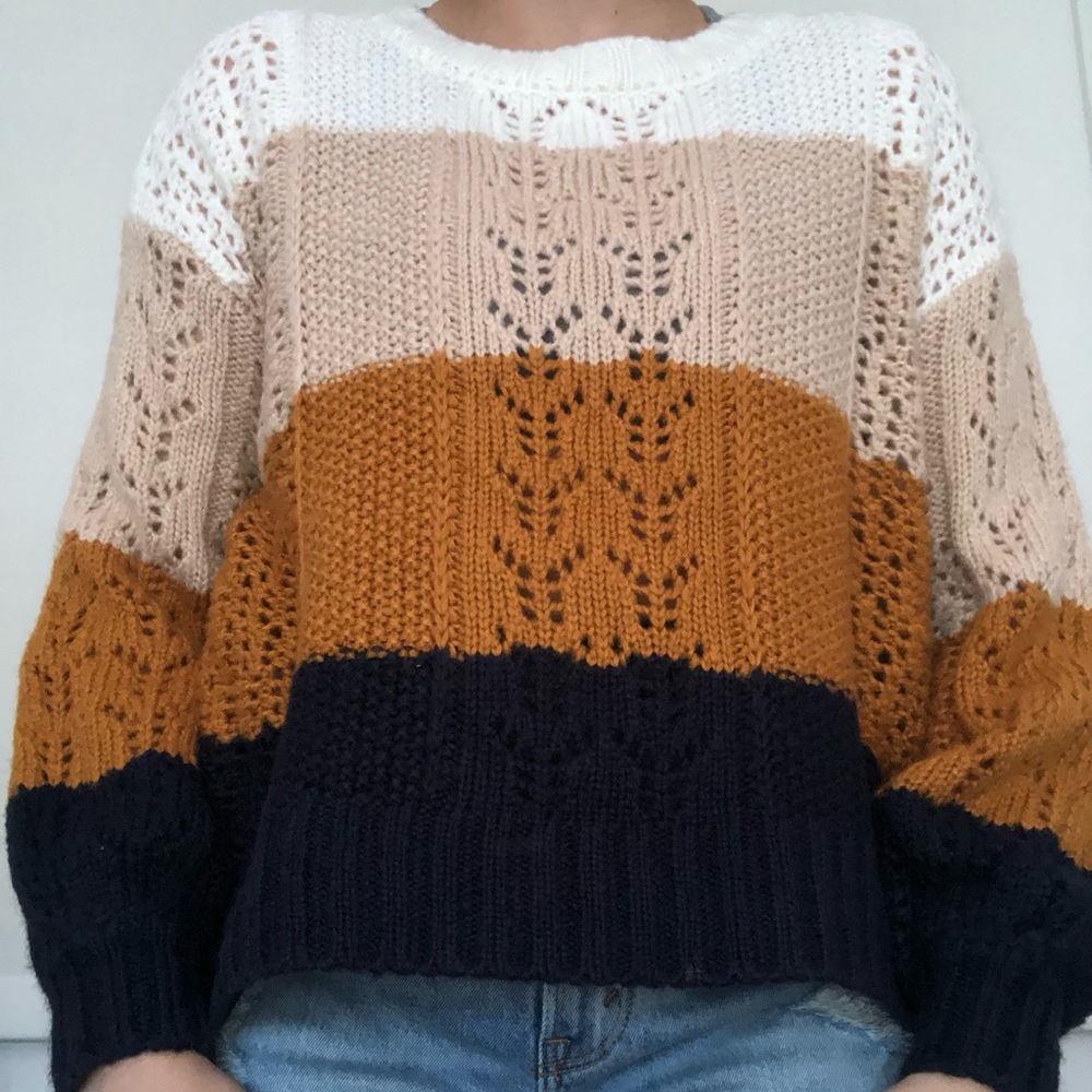 White, Orange, and Navy Striped Sweater